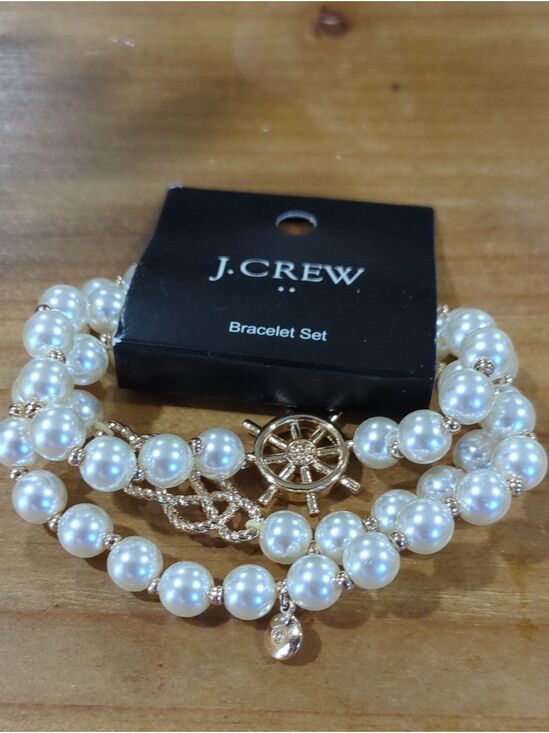 J. Crew Jewelry - J. Crew faux Pearls Bracelet Set‎ Nautical Charm,  Gold Tone ship Wheel Charm